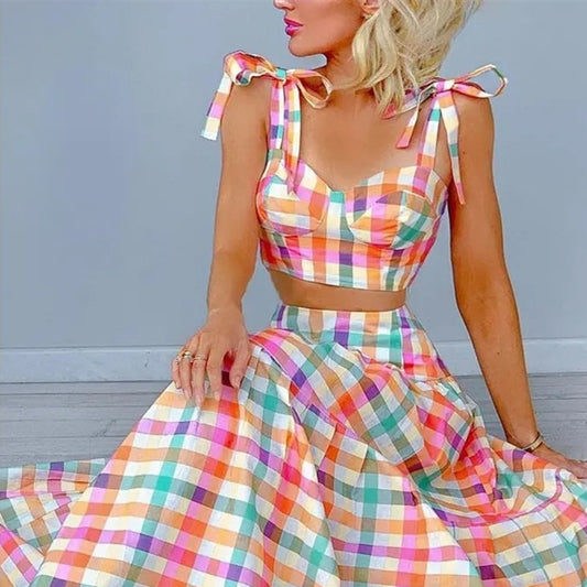 Plaid Print Tied Crop Top Skirt Set Bow