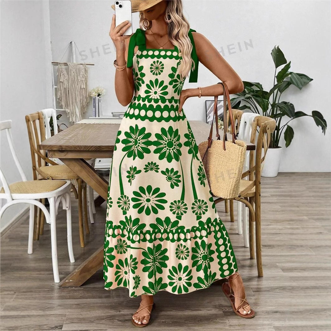 Flower Printing Shoulder Girdle Waist Women's Dress