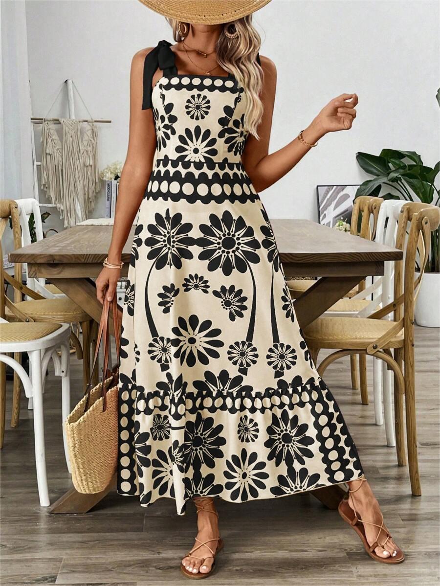 Flower Printing Shoulder Girdle Waist Women's Dress