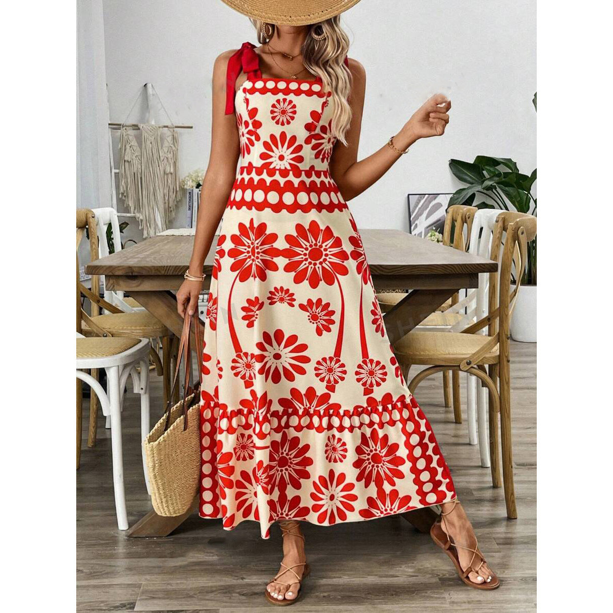 Flower Printing Shoulder Girdle Waist Women's Dress